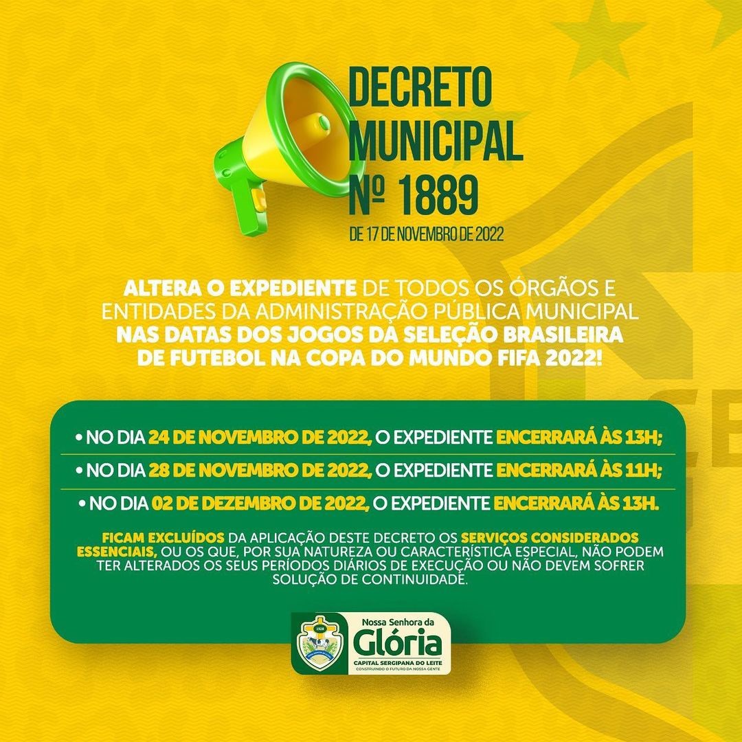 Gestão municipal decreta alteração no expediente nos dias de jogos da seleção brasileira